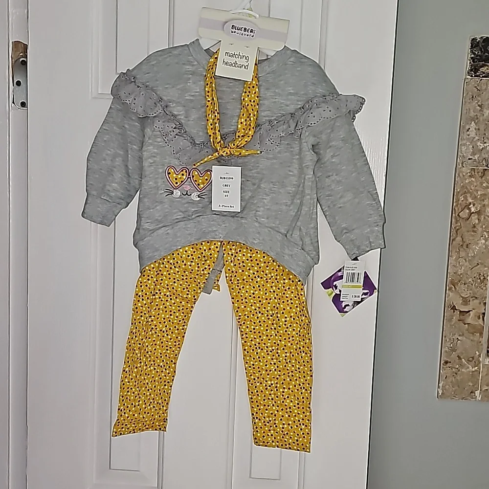 Blueberi Blvd Gray and Yellow Outfit Kid's Top Size 4T Pants Size 5 - Picture 2 of 13